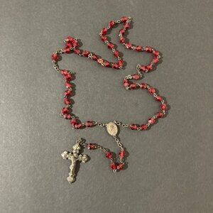 Vintage Antique Red Glass Bead Rosary Necklace With Metal Crucifix